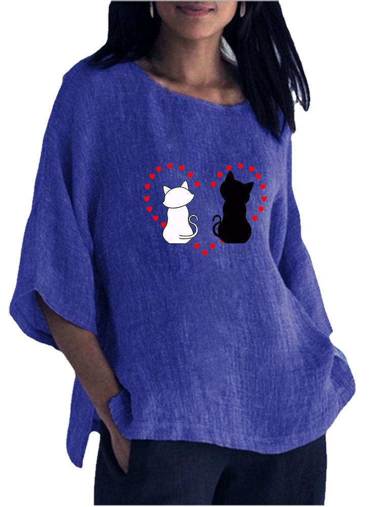 Damenmode O-Ausschnitt 3/4 Langarmshirt Frühling&Sommer Druck Baumwolle Leinen Bluse