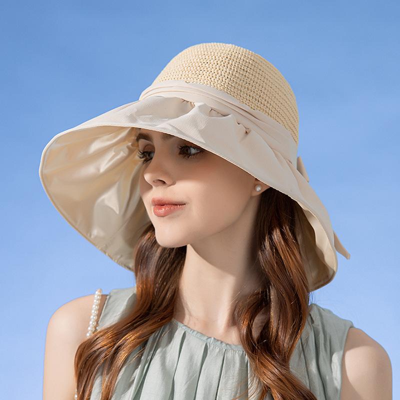 Luxury Summer Bucket Hat for Women Breathable Mesh Spliced 12cm Large Brim Sun Cap Candy Color Elegant Ladies Casual Bow Top Hat