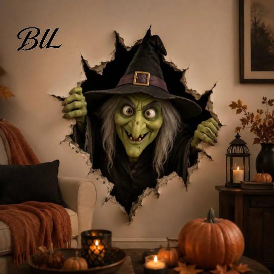 Easy Wall Decor Halloween Break-in 3D Decals, Illusion Effect Spooky Breaking Through Stickers for Theme Parties Sticker, Horror Ghost Witch