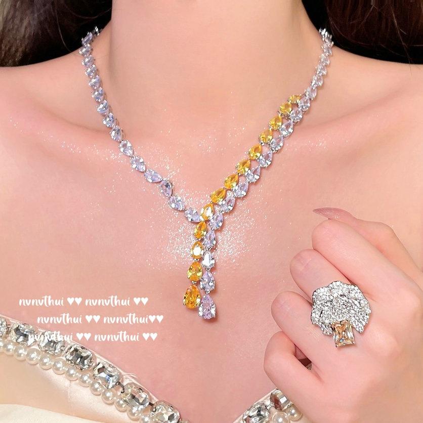 Canary Tourmaline Teardrop Jewel Y Necklace, Cinderella Plated 18K Gold, Twilight Yellow Water Drop Zircon Earrings