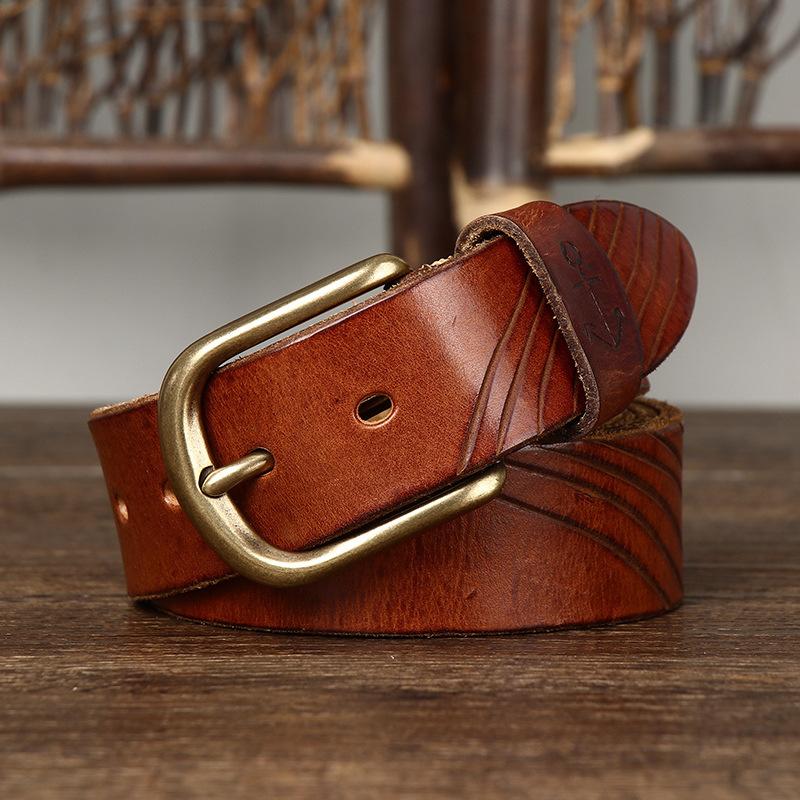 Hand-Carved Trendy Personalized Retro Belt Men'S Genuine Leather Pure Cowhide Casual Versatile Copper Buckle Jeans Belt