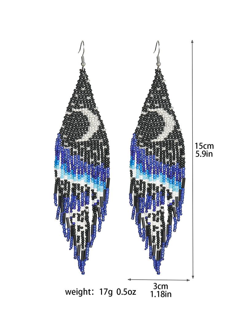European and American Retro Rice Bead Long Fringed Earrings for Women, Bohemian Hand-woven Earrings