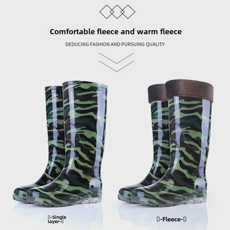 Men's Camouflage Waterproof Rain Boots with Velvet Lining - High/Mid/Short-Top Rubber Shoes for Construction, Kitchen, and Fishing