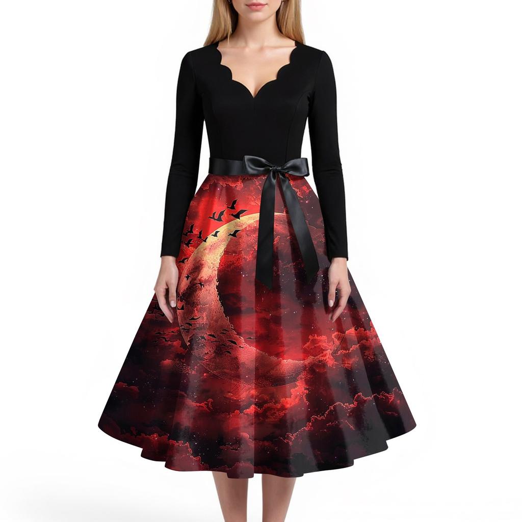 Women's Casual And Fashionable V-neck Long-sleeved Halloween Printed Dress