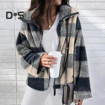Women Coat Lapel Long Sleeve Plaid Pattern Jacket Loose Fit Zipper Placket Double-Sided Plush Fabric Jacket Coat