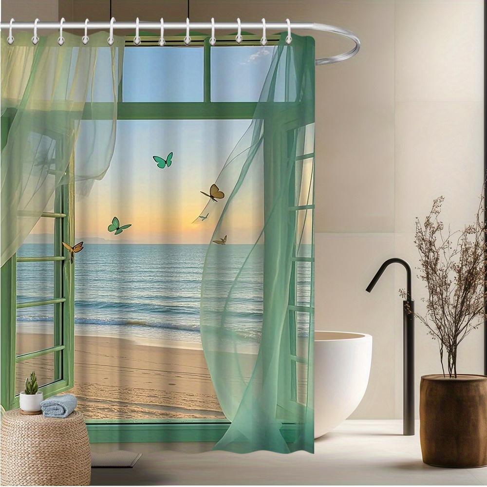 

Beach Sunset Shower Curtain, Ocean View & Butterflies Through Window Design, Fade-Resistant Polyester, Coastal Bath Decor W60H190(CM)-1 Pcs
