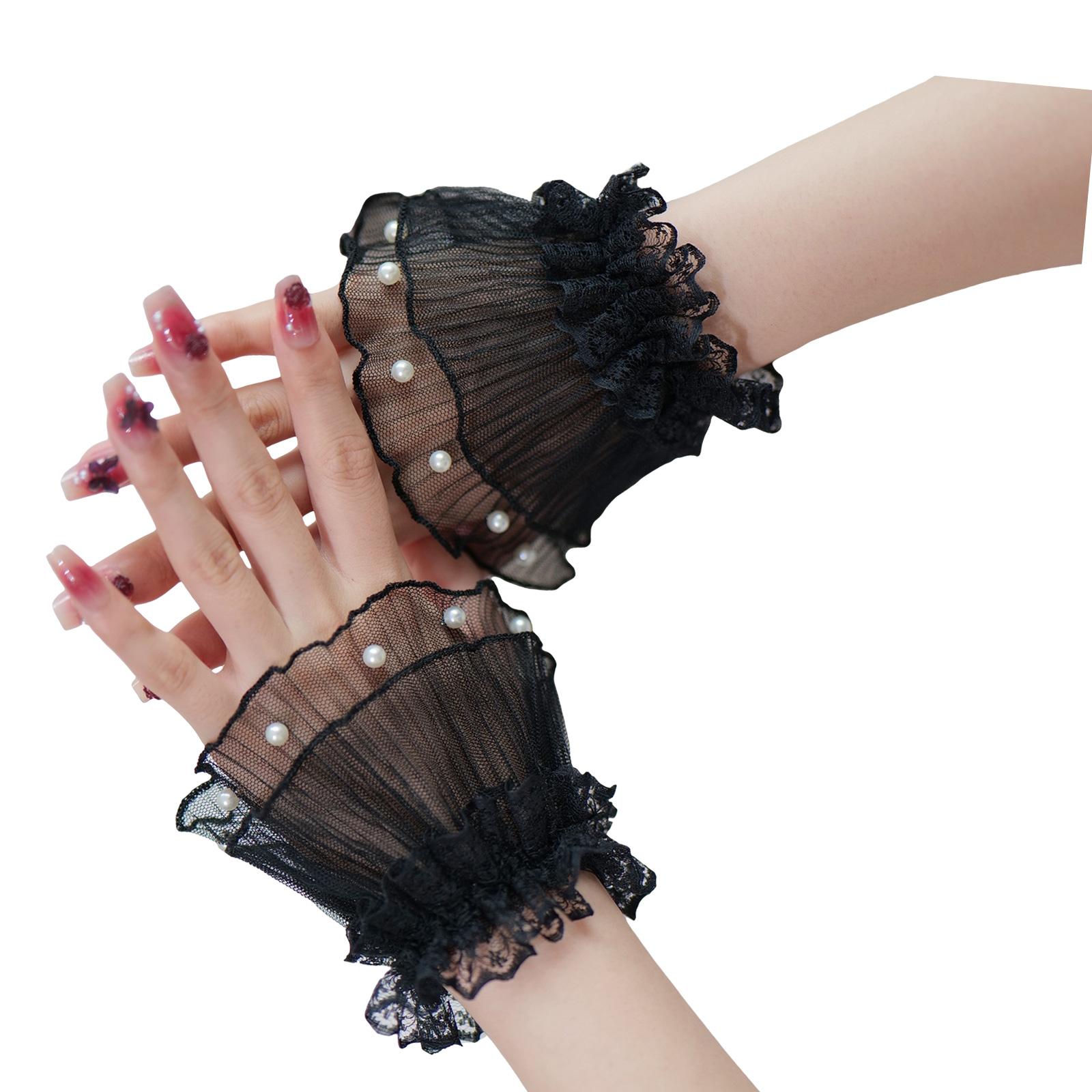 Fashion Artificial Pearls Cuff Sleeves Sheer Lace Flower Wrist Cuff Sleeves Elastic Wrist Decoration for Women Blouse чёрный