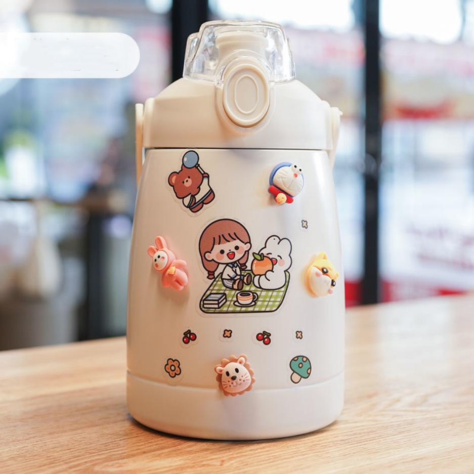 Thermos Cup Large-capacity with Straw& Strap-Food Grade Environmentally Friendly Material 1.1L Water Bottle for Women Men Lar