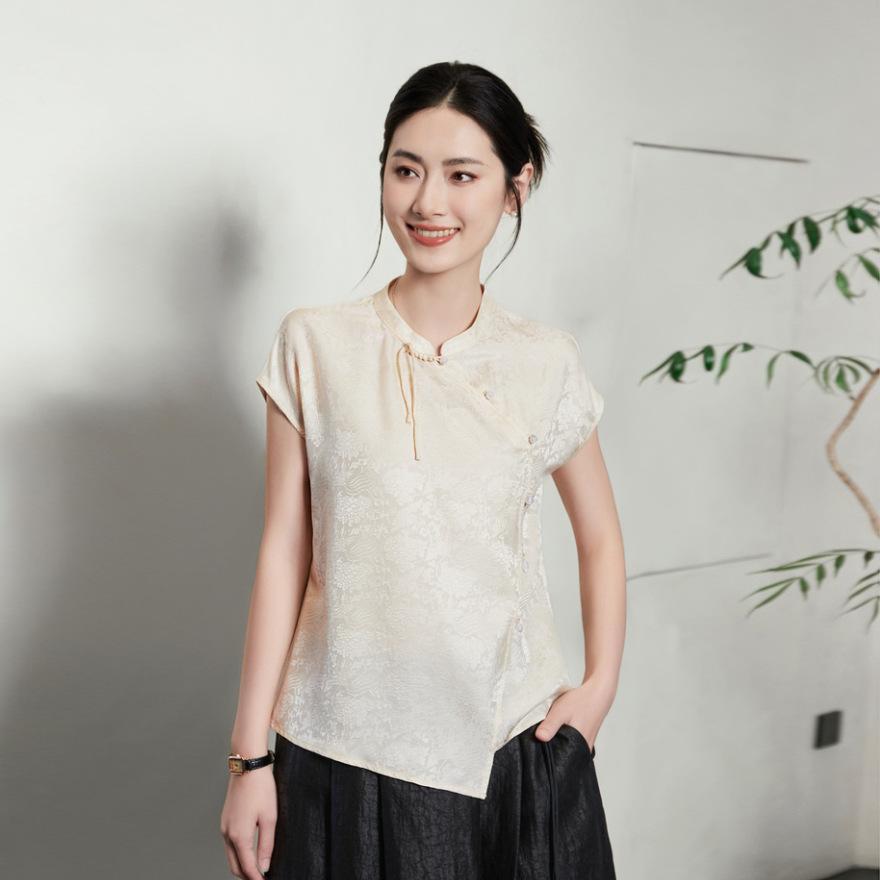 

Женская шелковая рубашка новый темперамент воротник-стойка застежка-пуговица топ из тутового шелка XXL