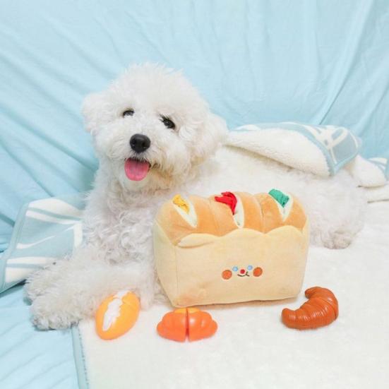 Pet Toy Simulated Toast Shape Bite-Resistant Plush Chew Toy with Built-in Sound Paper Relieves Boredom Simulation Modeling Teeth Cleaning