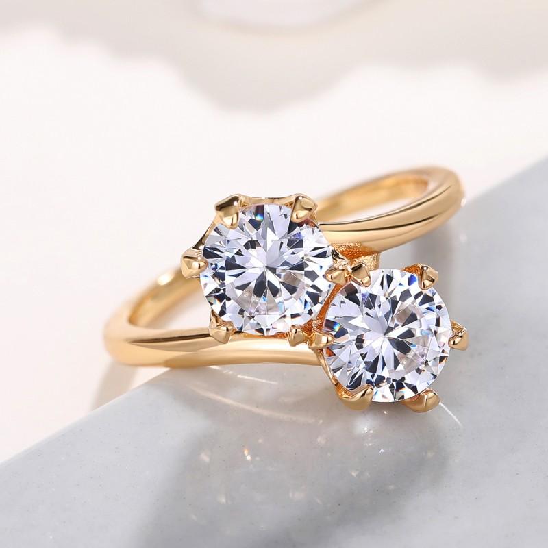 Huitan New Wedding Rings with Two Cubic Zirconia Gold Color Band Luxury Trendy Women Accessory Party Engagement Proposal Jewelry