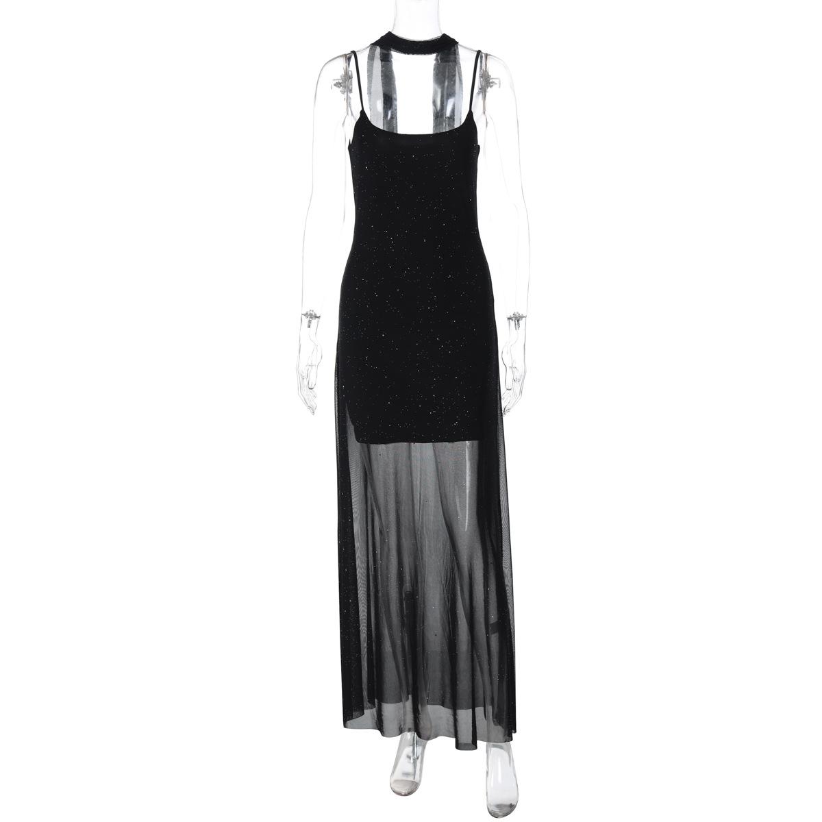 New Solid Color Sexy Royal Sister Perspective Mesh Skirt Slim Suspender Streamer Dress Women S чёрный