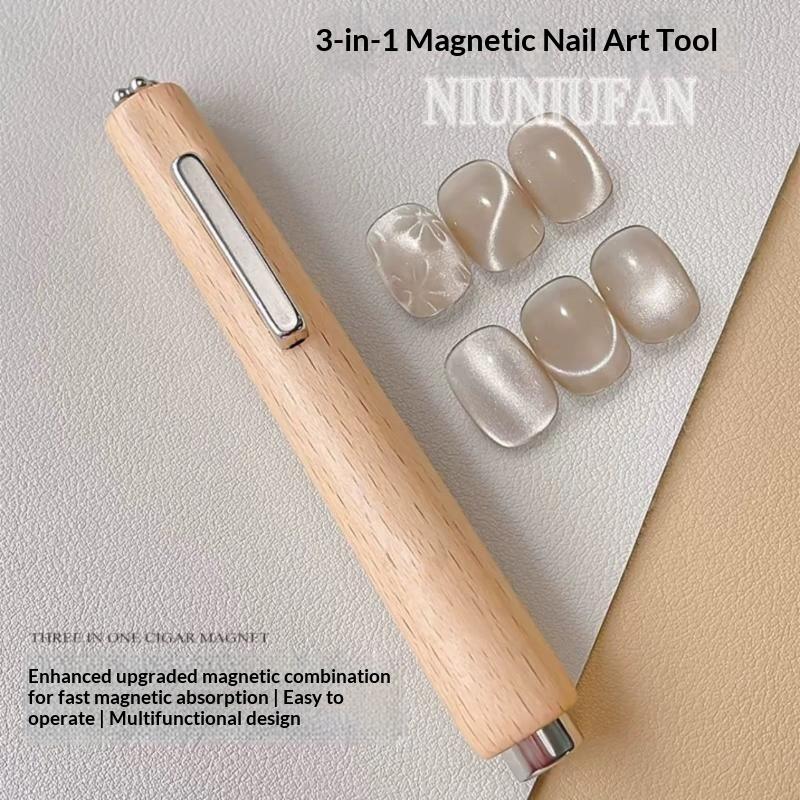 3-In-1 Cat Eye Nail Magnet Wand Wooden Handle Magnetic Stick For Gel Nail Art Strong Magnet Cat Eye Effect Manicure Tool