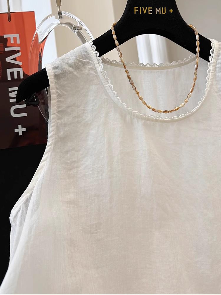 Lace Trim Ramie Cotton Round Neck Sleeveless Cardigan 