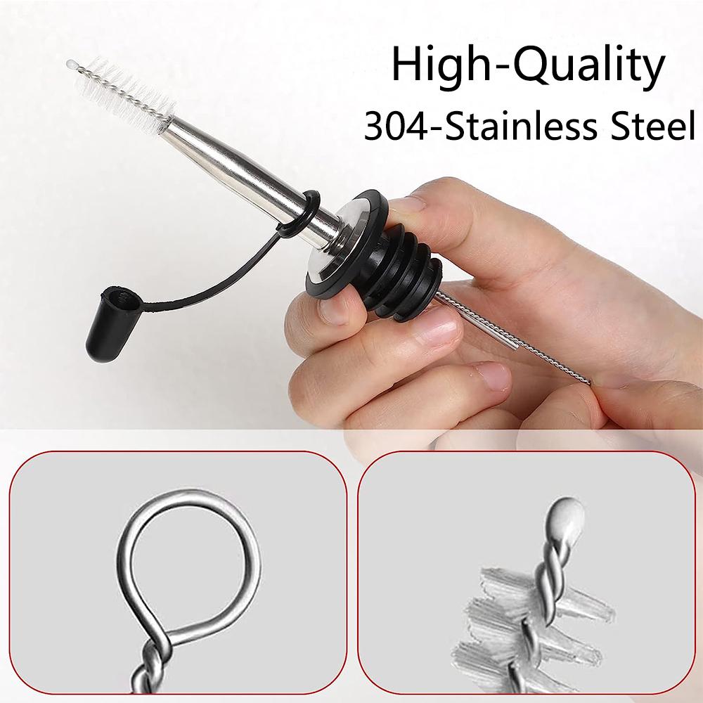 

New 8Pcs Stainless Steel Pourer w/ Black Rubber Cork Dust Caps + 3Pcs Cleaning Brush