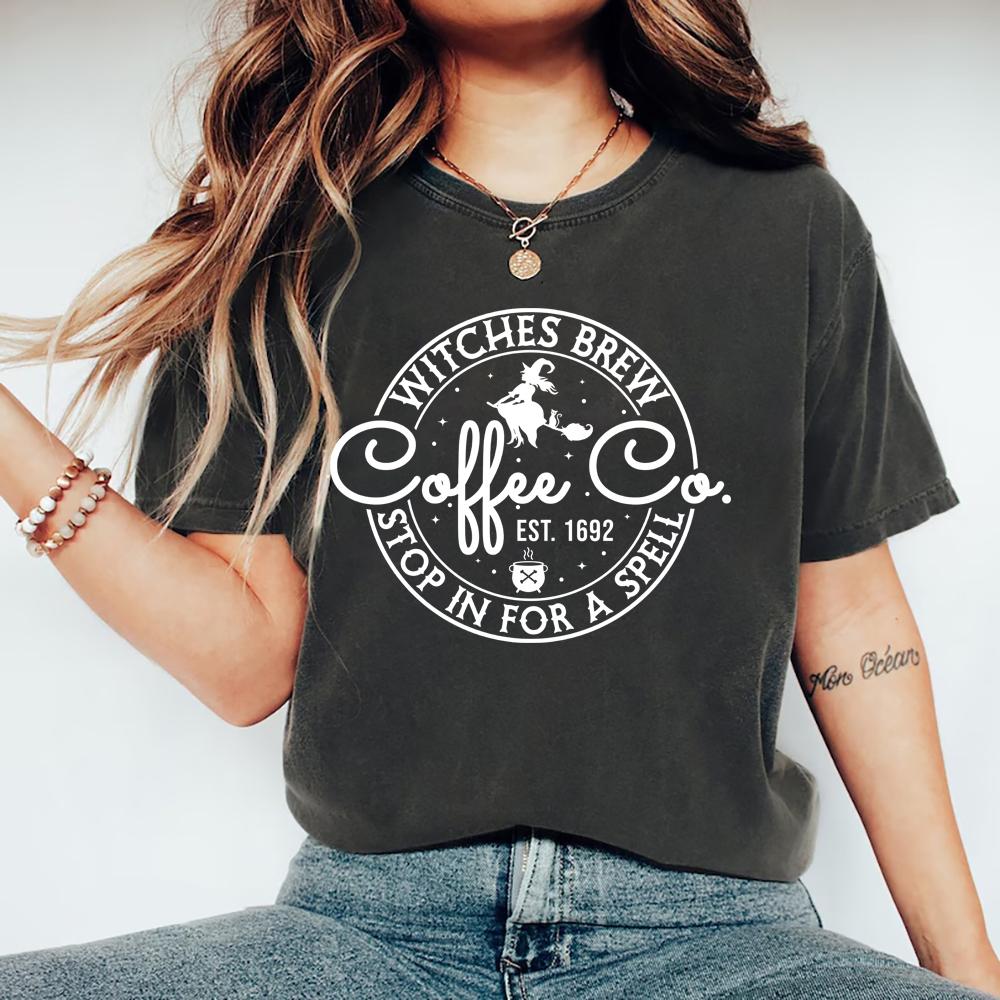 Witches Brew Coffee Co T-Shirt Cute Halloween Shirt Womens Coffee Lover Tee Short Sleeve Graphic T Shirts Halloween Witches Tops