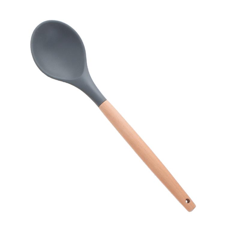 11-Piece Wooden Handle Silicone Kitchenware Set - Includes 9 Kitchen Tools, Spatula, and Spoon.