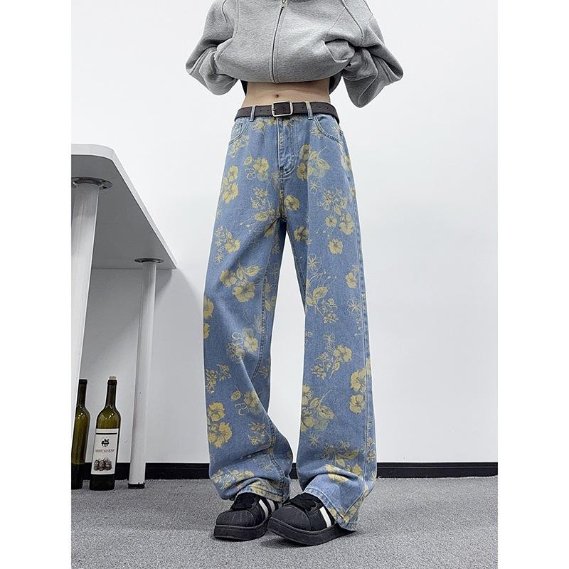 American High Street Flower Print Jeans Men's Autumn Niche Design Pants Cleanfit Straight Wide-leg Pants