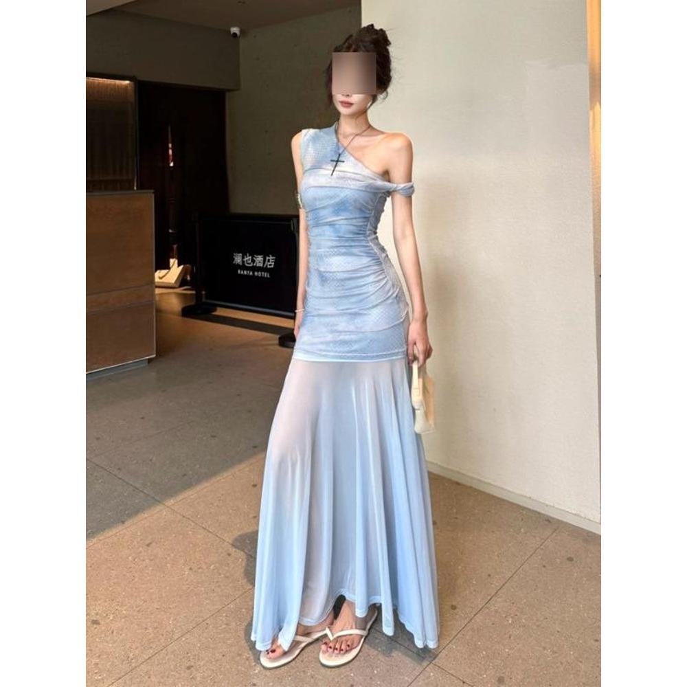 Long dress style one-word shoulder waist mesh hip skirt casual summer new dress skirt women's clothing