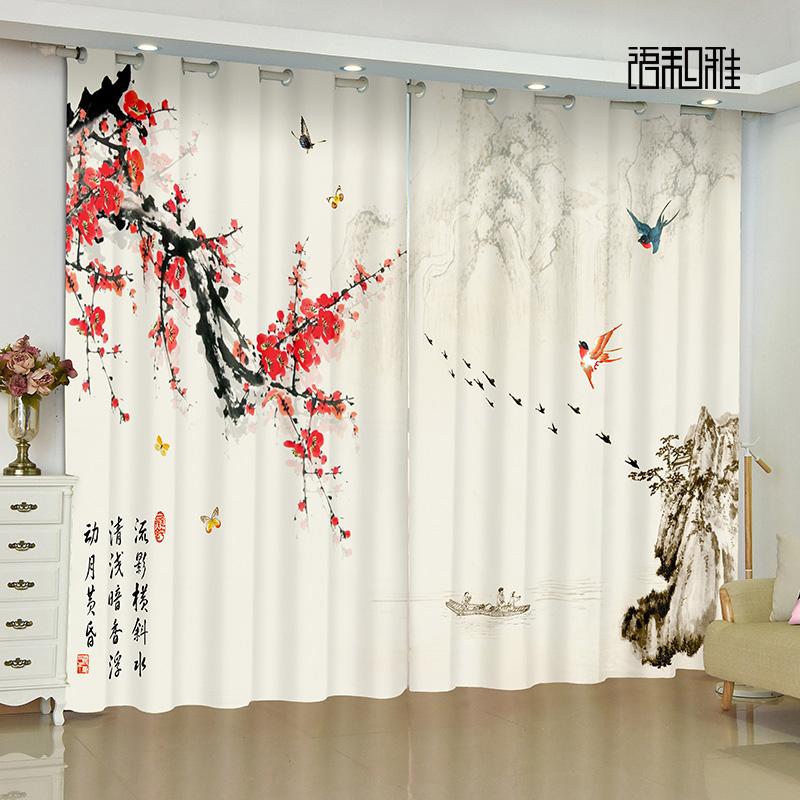 Personalized Chinese Cortinas Drape Fabric Transparent Scenery Flower Bird Plum Blossom Bedchamber Livingroom Space Windowpane Drape 2panels