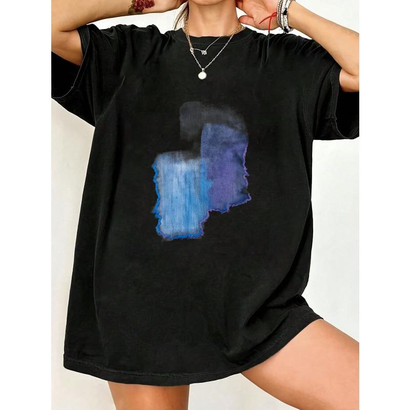 Oversized T Shirt Black Abstract Blue Watercolor Print Casual Wear