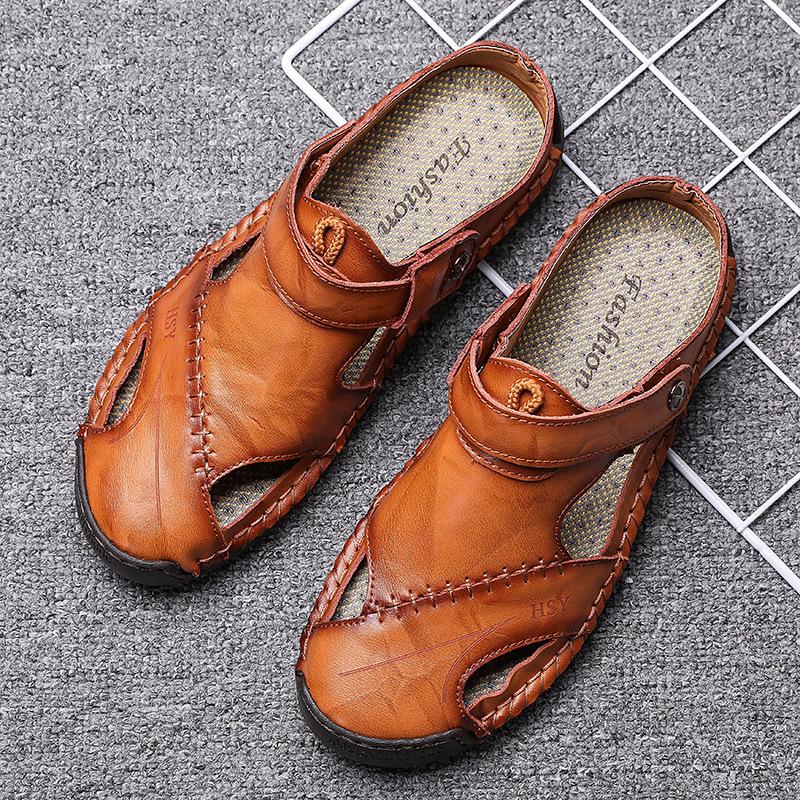 Fashion New Men's Leather Sandals Summer Cowhide Convertible Toe Post Sports Casual Slide Sandals Handmade Breathable Fashion Footwear