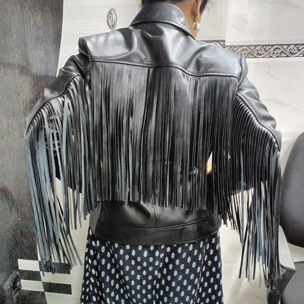 Noora Women's Lambskin Black Leather Jacket | Black Western Style Fringe Jacket | Biker Leather Tassel Jacket |