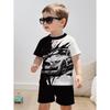 Set de 2 piese pentru copii, de vară, casual, sport, la modă, cu imprimeu model 3D, tricou cu gât rotund și pantaloni scurți