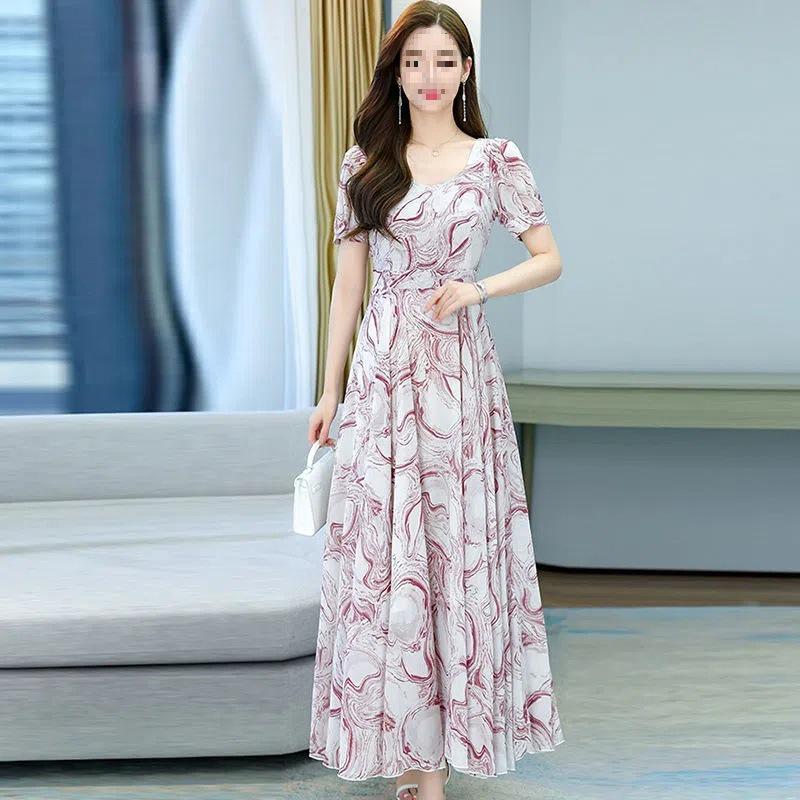 2026 Women's Summer Fashion: Short Sleeve Plus Size Slimming Dress with Printed Long Skirt