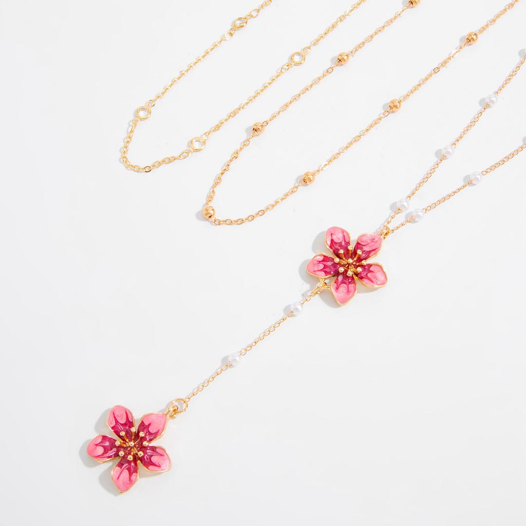 Vintage Drip Oil Flower Pendant Necklace for Women Boho Imitation Pearl Beads Choker Girls Party Jewelry Accessory
