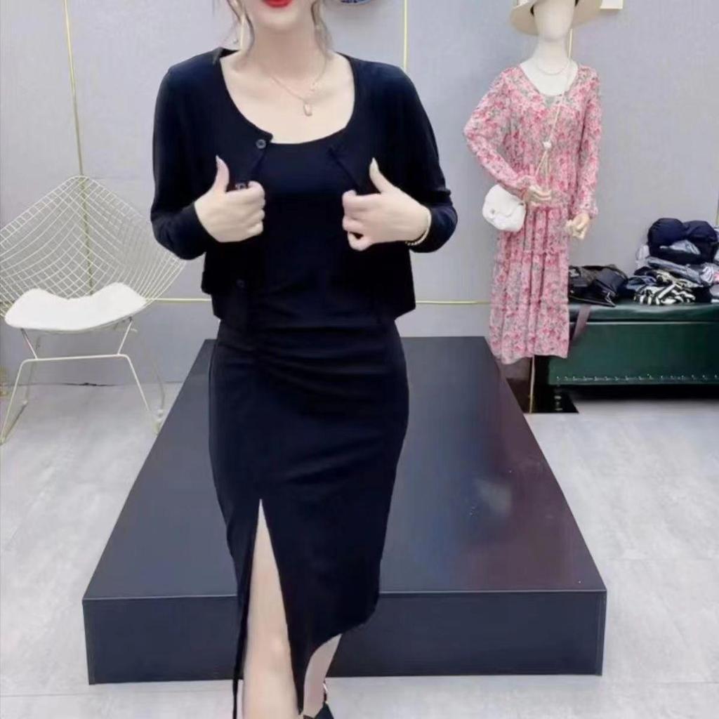 Trendy Women's Two-Piece Set: Stylish Spaghetti Strap Bodycon Dress with Long Sleeve Shawl Jacket