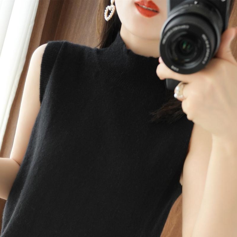 Frauen Tank MODERNE NEUE SAGA Sommer Gestrickte T-shirt Ärmellose Basic Tees Stricken Top Rollkragen Weibliche