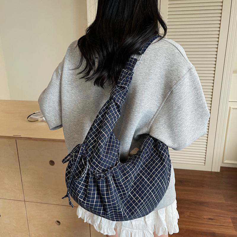 Women's Large Capacity Crossbody Bag Canvas Pleated Plaid Nylon Bag Commuter Shoulder Bag
