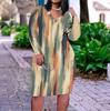 Women Plus Size V Neck Long Sleeve Abstract Printed Fitted Midi Dress