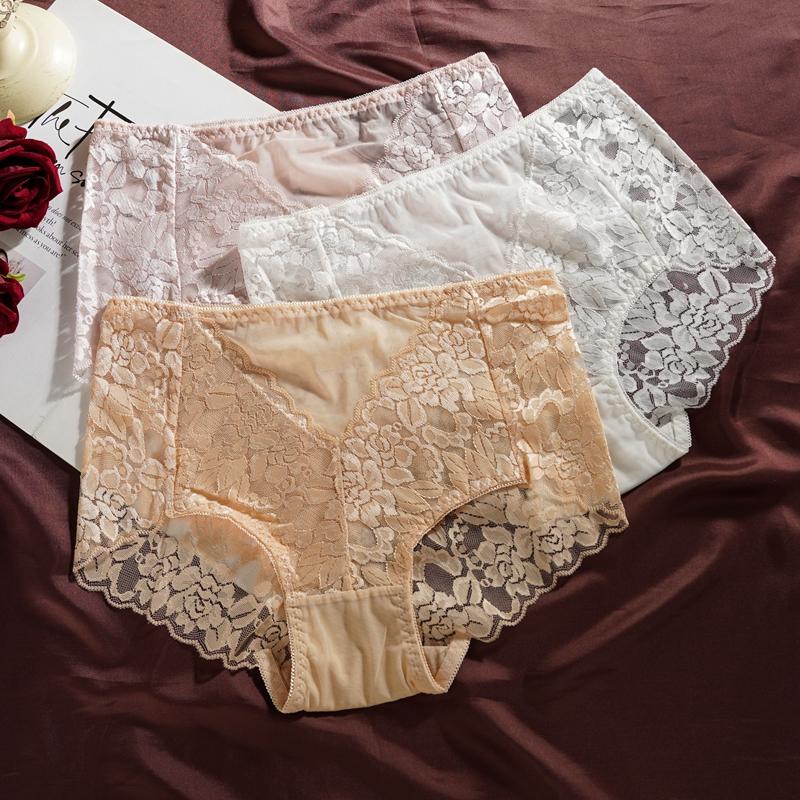 Women Lace Panties Mid-Waist Hollow Hip-Lifting Comfortable Briefs Embroidery Cotton Crotch Underwear