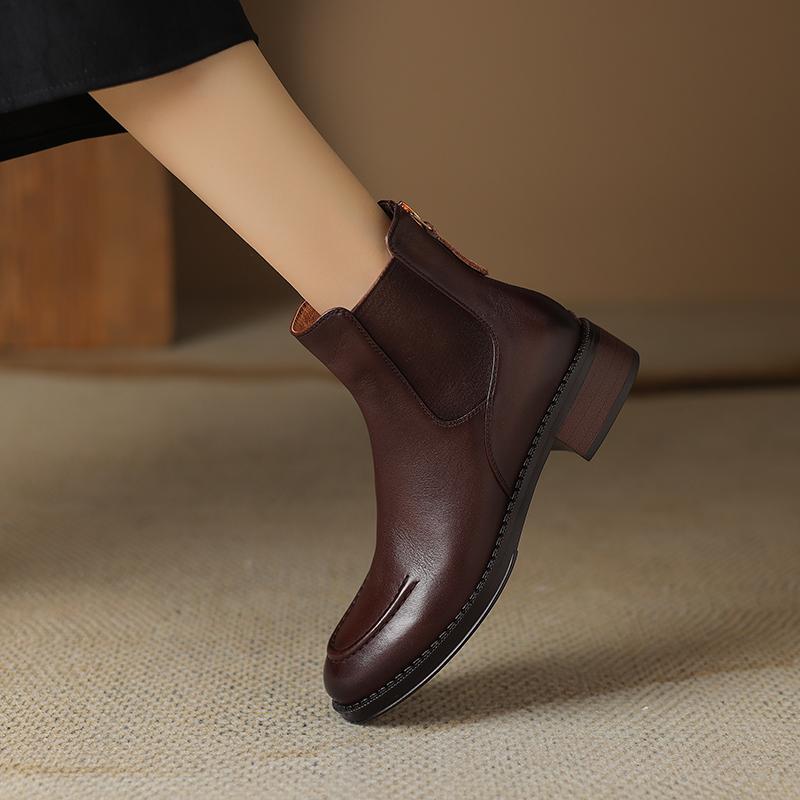 Vintage Office Lady Genuine Leather Women Ankle Boots Autumn Winter Retro Style Back Zipper Thick Heels Shoes Woman 2024 New