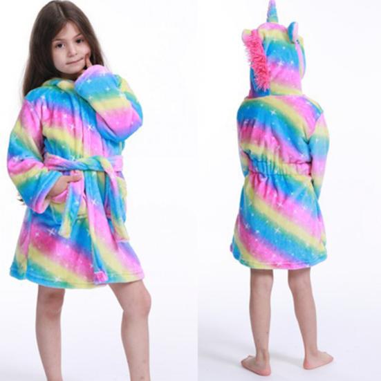 Cute Kids Boys Girls Unicorn Long Sleeve Hooded Pocket Sash Bathrobe