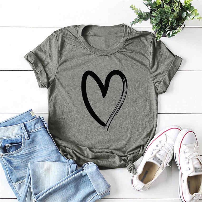 Fashion Female's Heart Pattern Print O-Neck T-shirt Short Sleeve Casual Cotton Tops