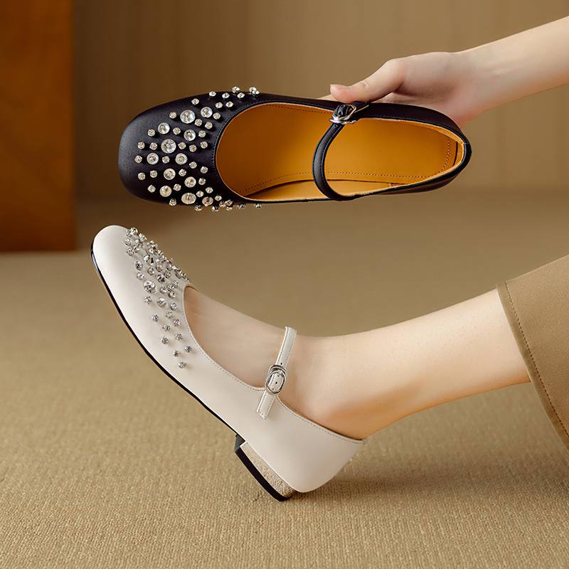 Krazing Pot Sheepskin Summer Autumn Size 40 Low Heels Crystal-studded Mary Janes Square Toe Gladiator Shallow Pumps