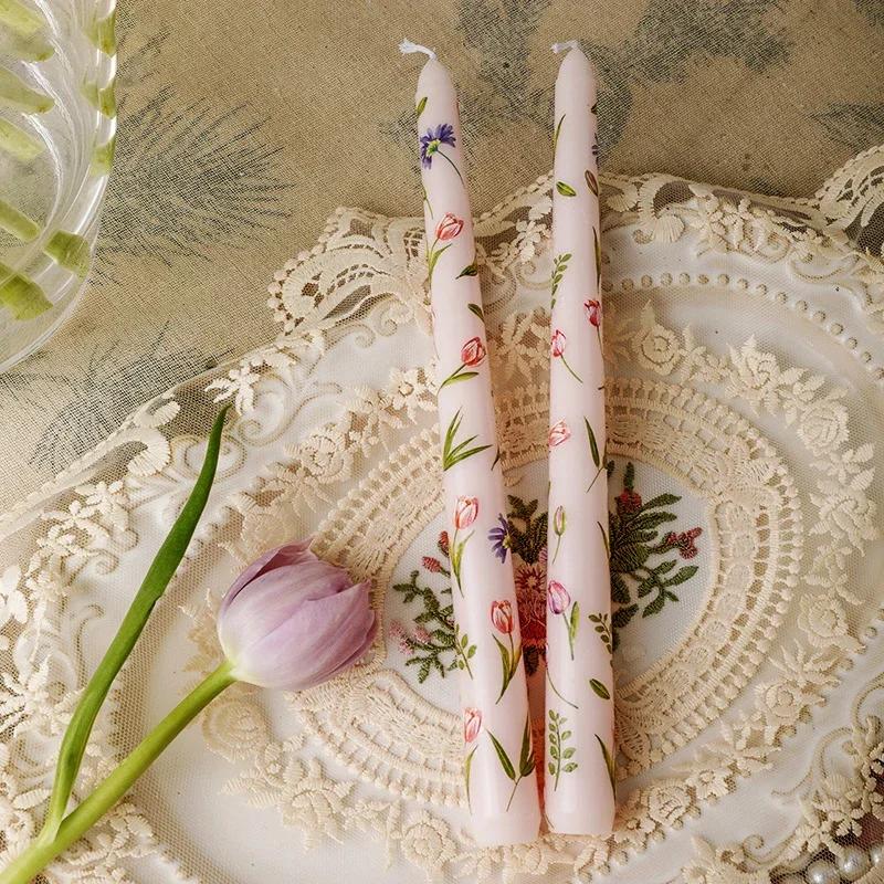 2PCS/Box Printed Long Candle European-Style Romantic Candlelight Dinner Wedding Festival Marriage Decoration Smokeless Candle