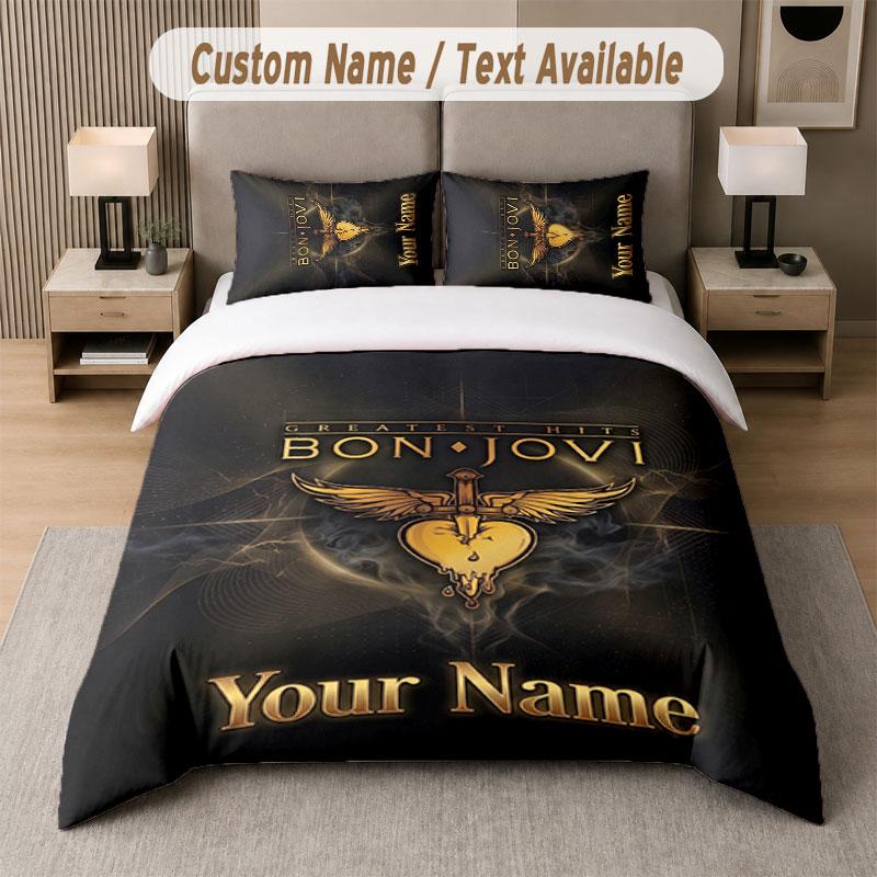 Set Biancheria da Letto Personalizzato Modello Bon Jovi, Stampa Nome Testo 1 Copripiumino più 2 Federe Tessile per la Casa