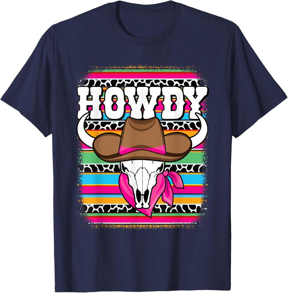 Howdy Cow Skull Western Rodeo Graphic Tee Breathable Short Sleeve Casual T-Shirt for Women