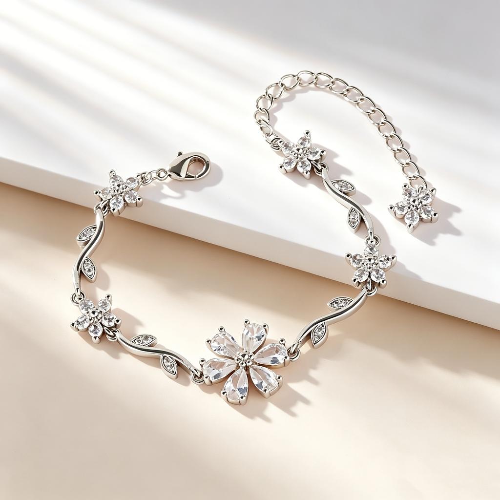 1 Elegant Six-petal Flower Zircon Vine Adjustable Bracelet for Women, Exquisite Jewelry Shiny and Fresh Design Suitable for Daily Commuting, Beach