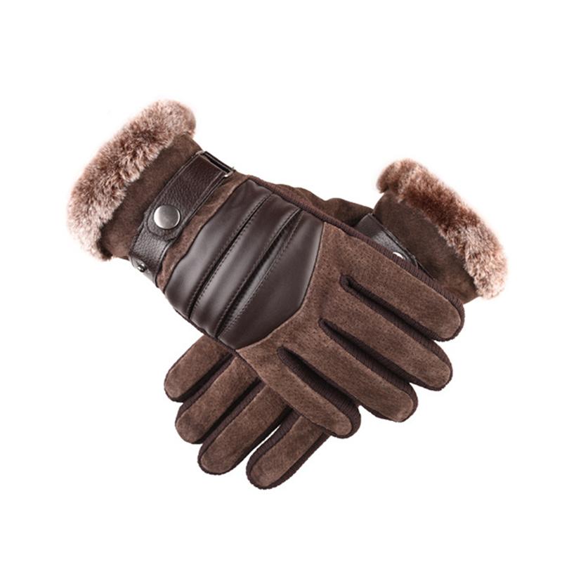 Brown Mens Leather Gloves Real Pigskin  Winter Gloves Warm Thick Driving Skiing Men's Gloves