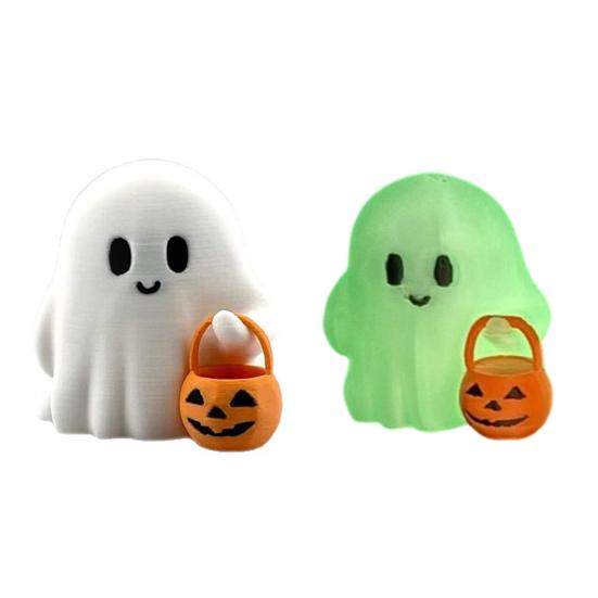 Halloween Ghost Pumpkin Statue, 3D Printed Glow In the Dark Figurine, Cute Mini Trick or Treat Candy Bucket Ornament for Desktop