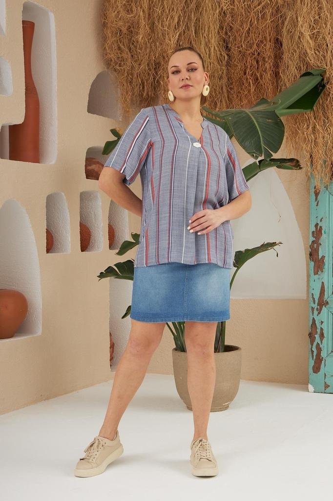 Damen Übergröße Bluse Plus Size Gestreifte Bluse mit Kragen Knopfdetail