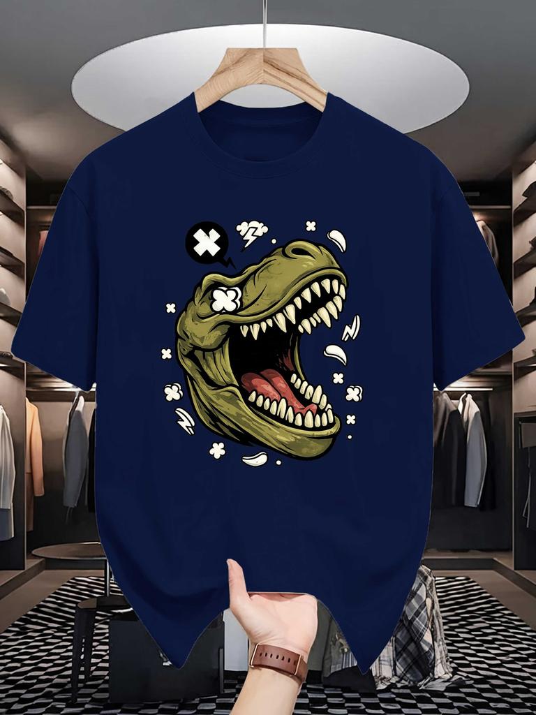 Roaring T Rex Unisexs Crew Neck T Shirt Angry Dinosaur Head Comic Lightning Burst Graphic Short Sleeve Casual Street Tops