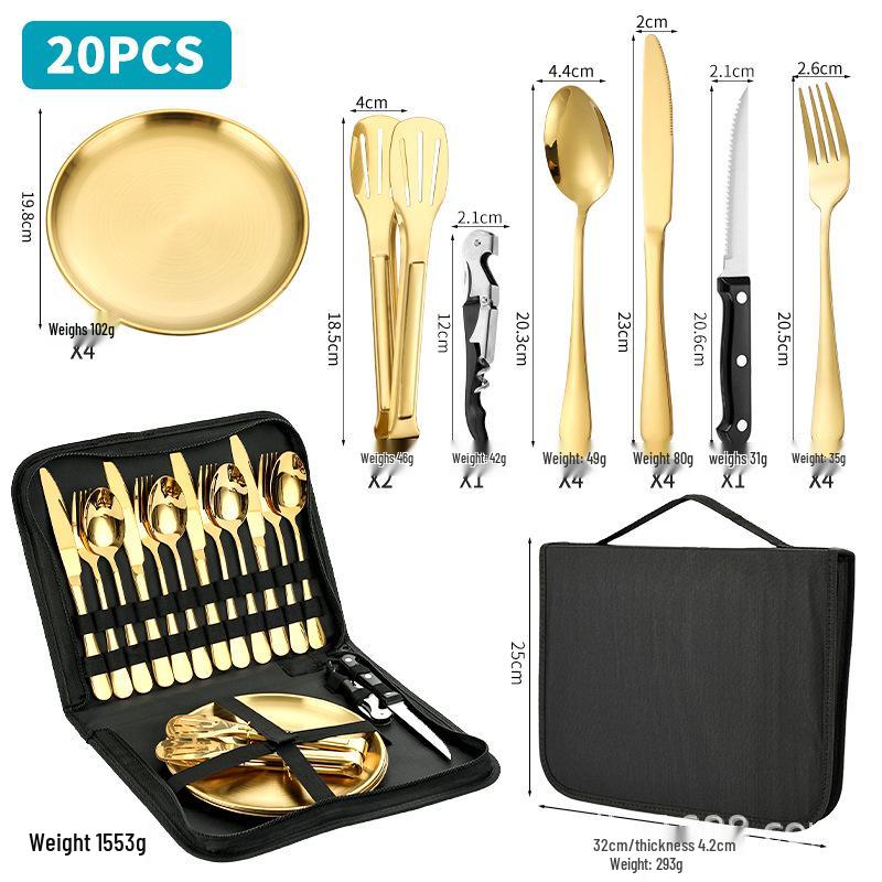 Stainless Steel Camping Cutlery Set: Knife, Fork, Spoon, Plate, Cup with Cloth Bag for Outdoor Use
