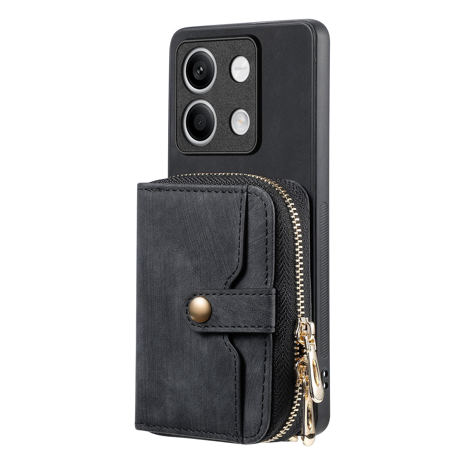 

D3 For Xiaomi Redmi Note 13 4G Case Zipper Wallet Leather+TPU+PC Phone Cover with Crossbody Strap Black