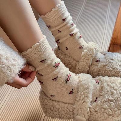 Coffee Floral Vintage Wool Socks - Women's Mid-Calf, Thick Warm for Autumn/Winter, Dark Gray Slouch for Snow Boots